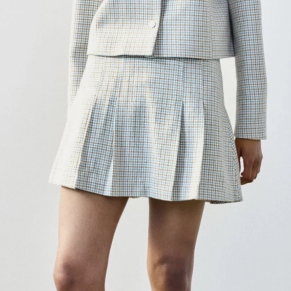 NWT Zara Plaid Mini Skort In White Blue Brown Size Medium